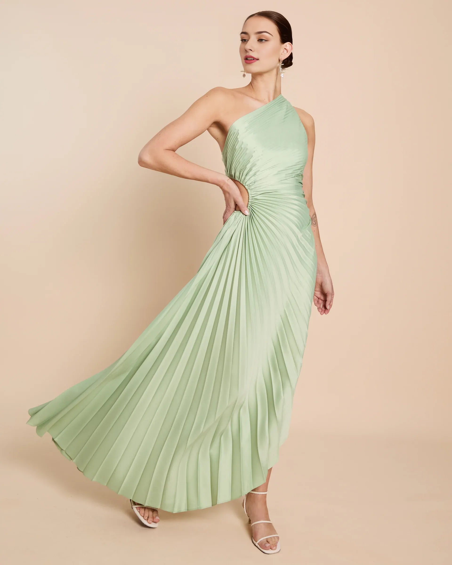 Weitese Dress Fashion One Shoulder Evening Dress Sleeveless Cutout Waist Solid Color A-line Prom Dress